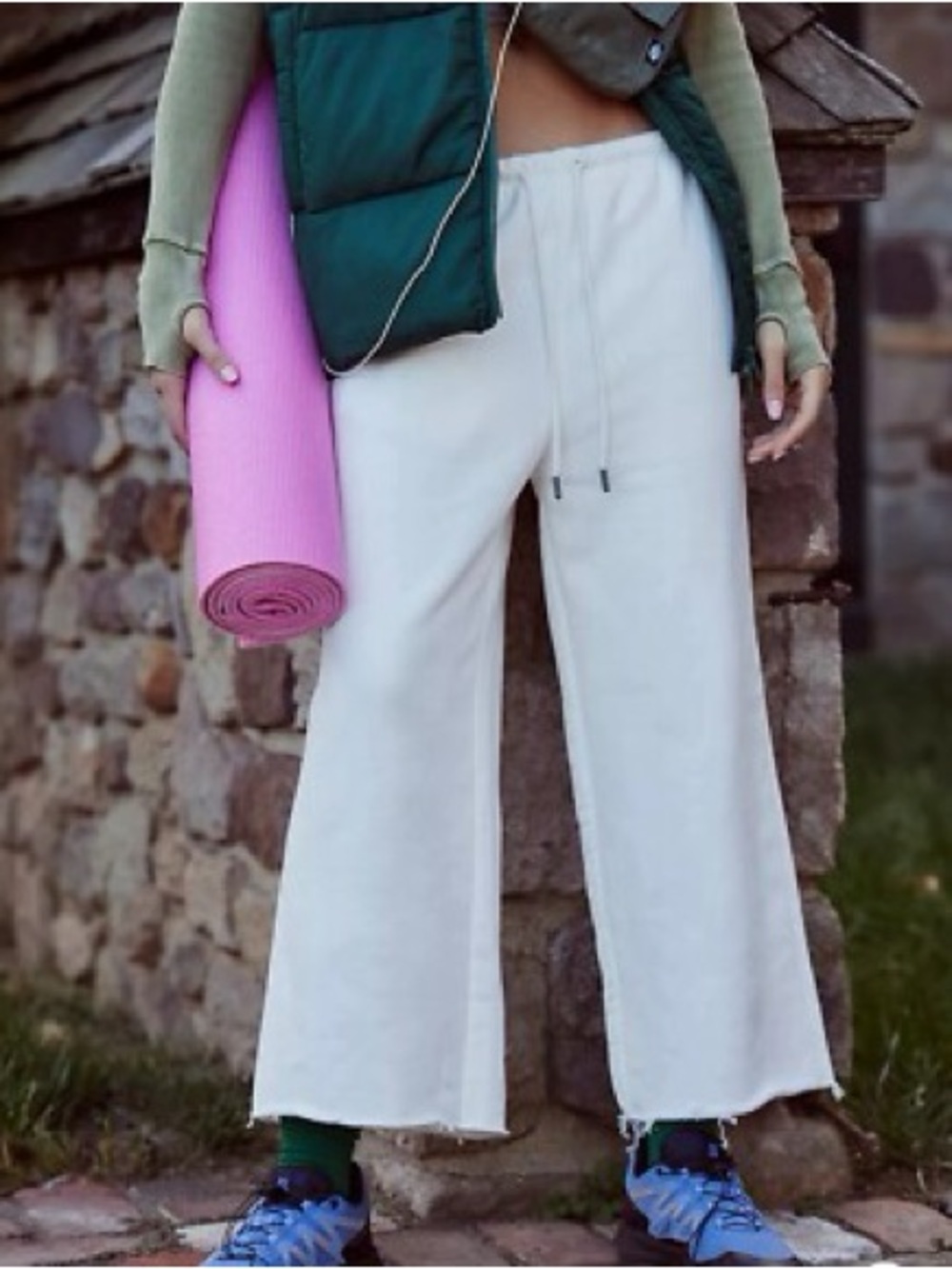 NWT $128 FREE PEOPLE MOVEMENT FREE SPIRIT CROP PANTS IVORY L PULL ON WIDE LEG